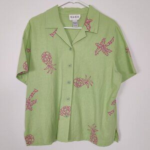 E.L.C.C Women's Blouse Size L Green Pink Tropical Linen Rayon Summer Vintage